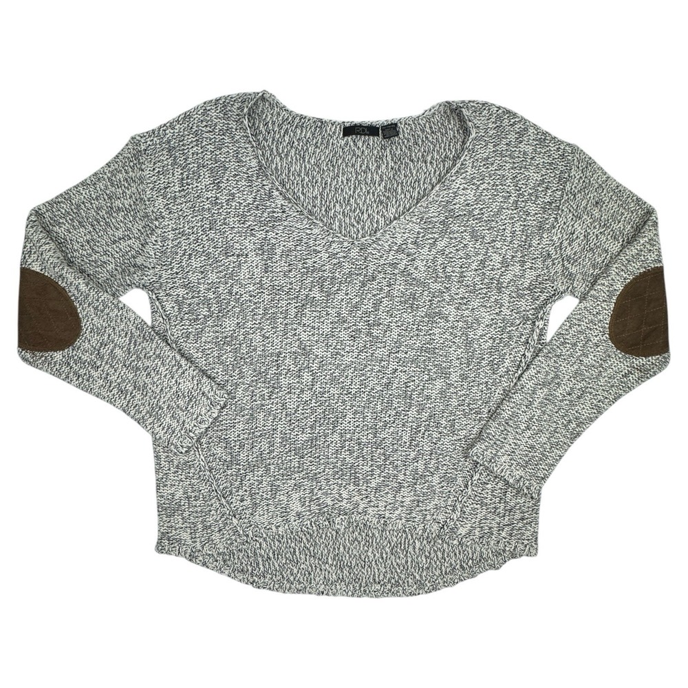 Nordstrom RDI Sz XL Sweater Knit‎ Pullover V-Neck Faux-Suede Elbow Patches Cream